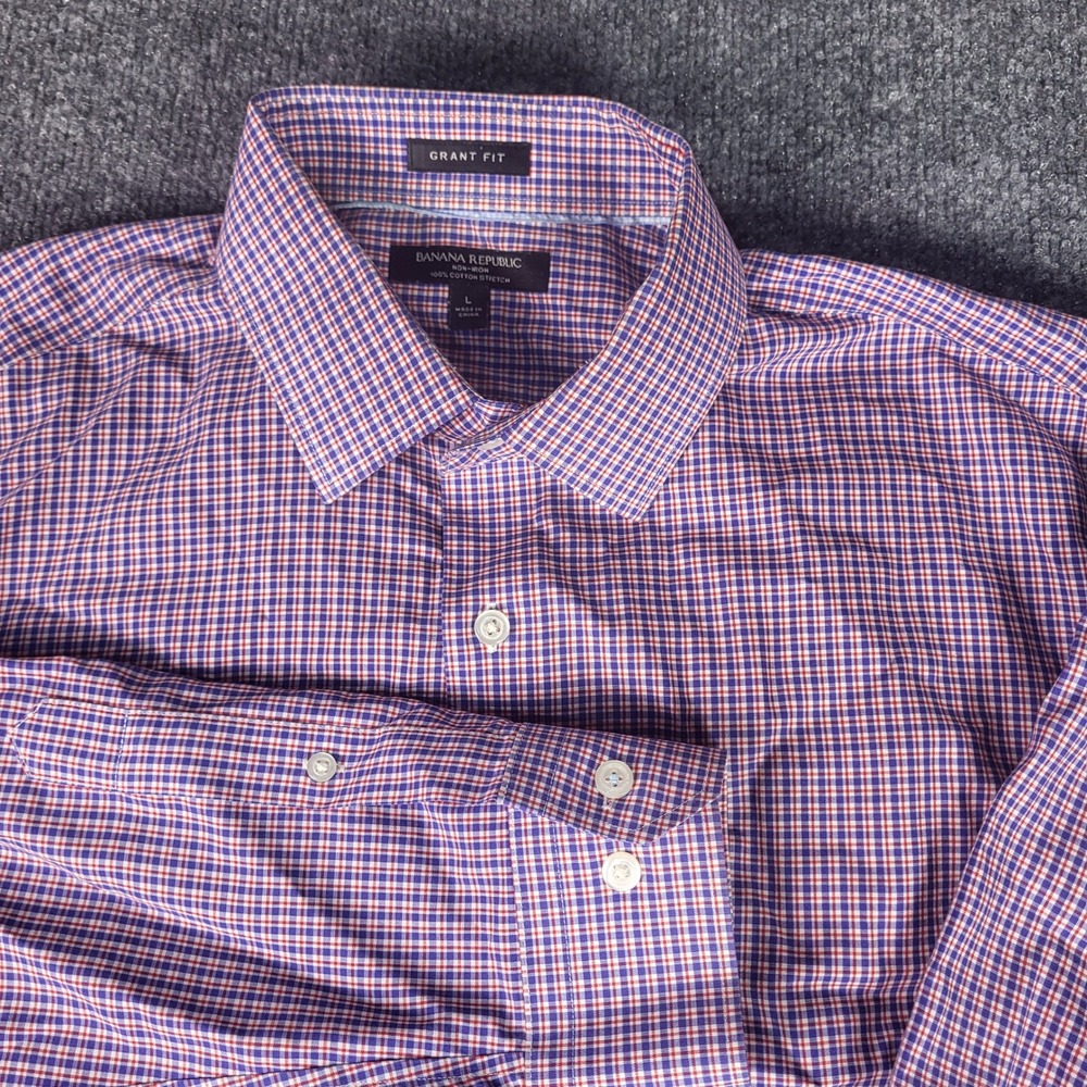 Banana Republic Mens Grant Fit Non-Iron Cotton Stretch Shirt L Red Blue Gingham